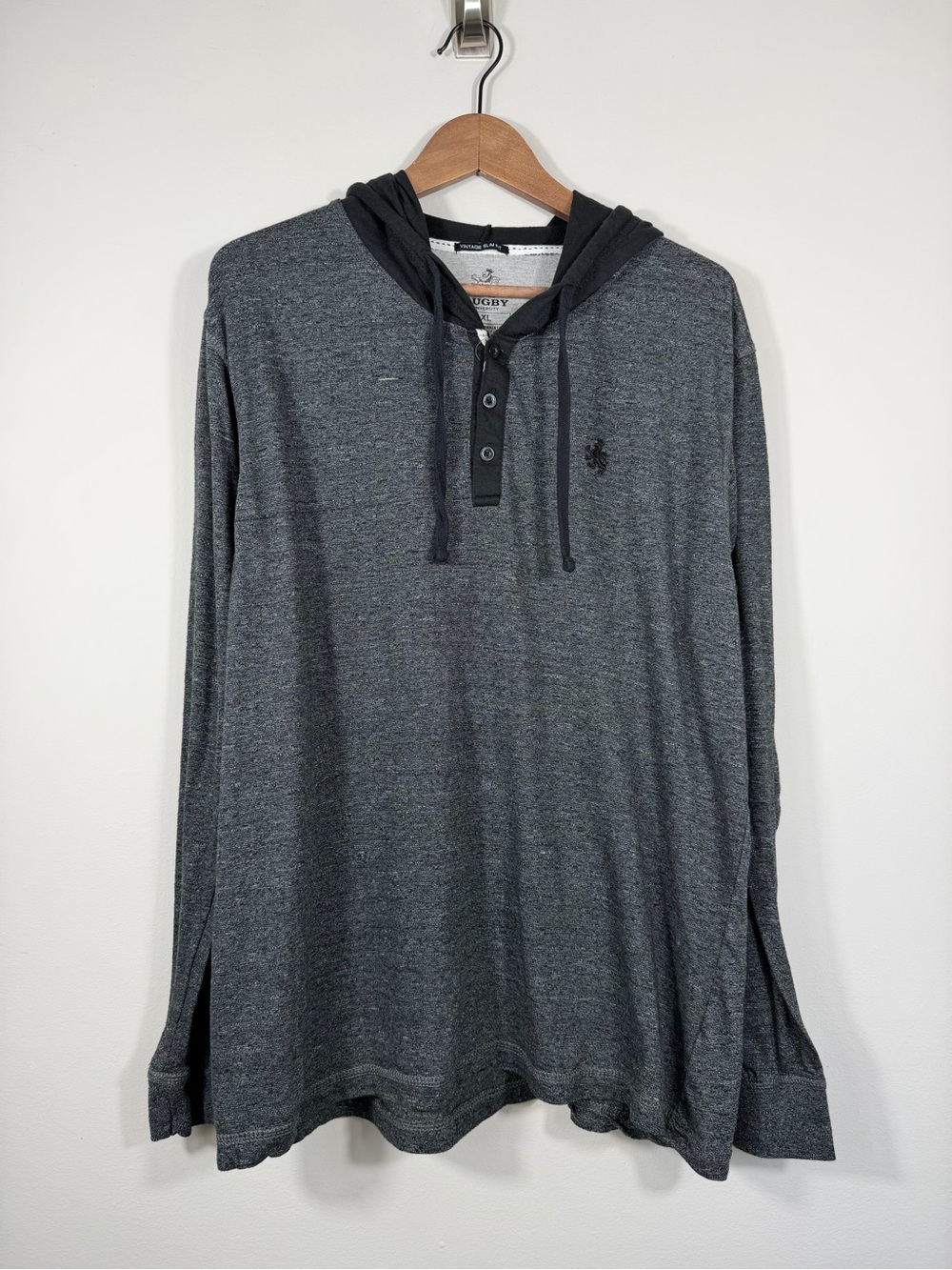Express Men’s XL Vintage Slim Fit Charcoal Gray Henley Hooded Shirt